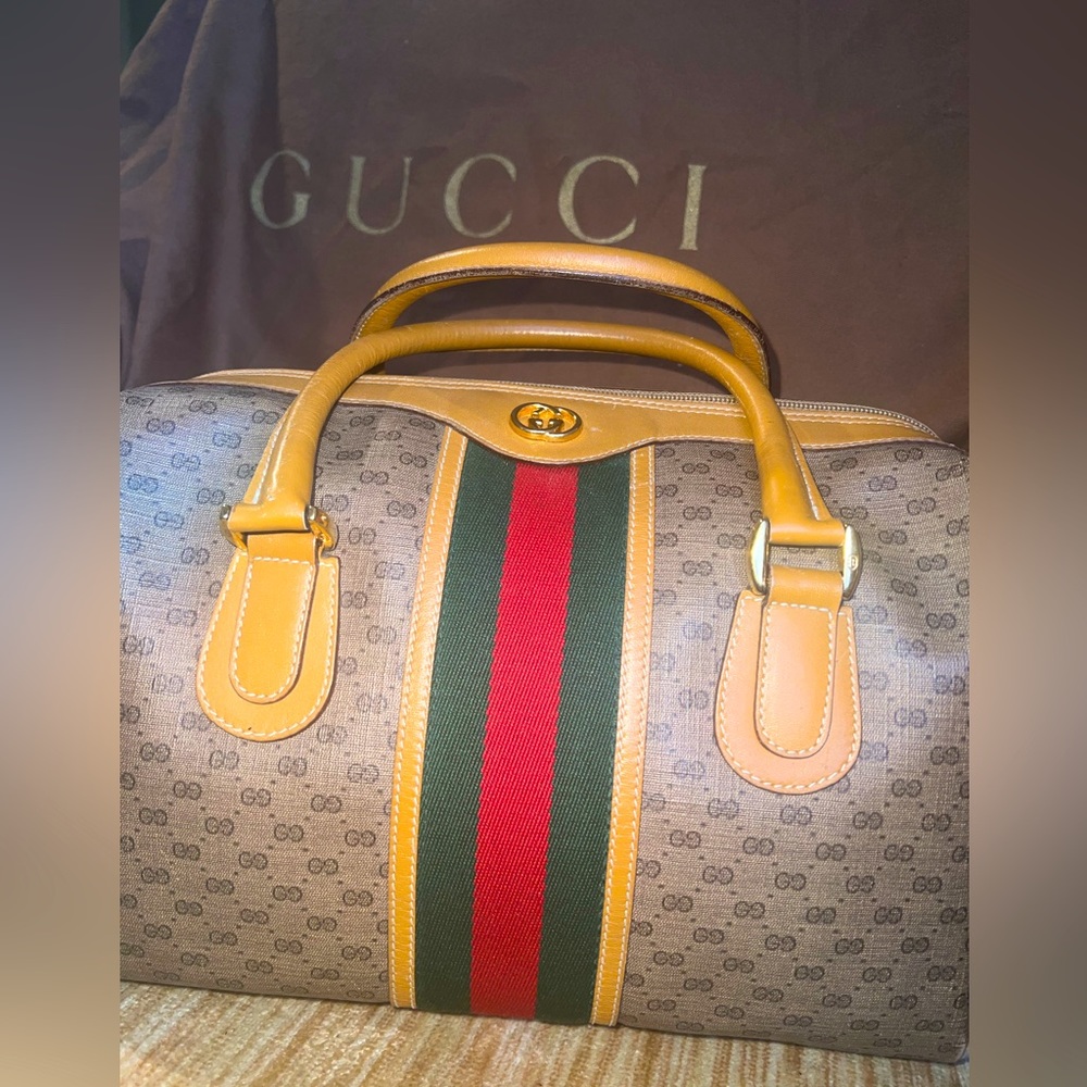 Gucci Tan Monogram Shoulder Bag with Red and Green Web Stripe